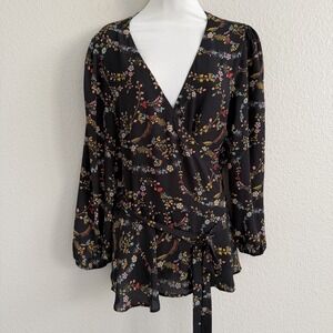 LOFT XL Black Floral Wrap Top Womens Romantic Boho Cottagecore 3/4 Sleeve Flowy